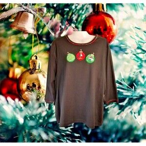 Women's Holiday Nautical Top Size 1X Nautical Holiday Applique Ornaments  NEW